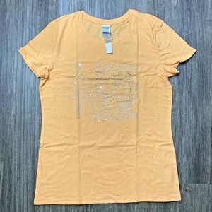 Victoria's Secret LOVE PINK Bling-Bling Shiny Sequins Campus Tee Shirt Orange